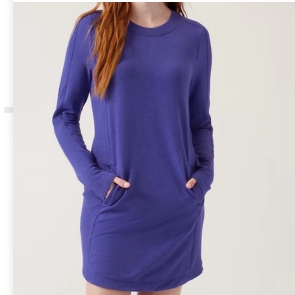 Athleta Womens Balance Dress Long Sleeve Crew Neck Noble Blue Heather Pockets XS